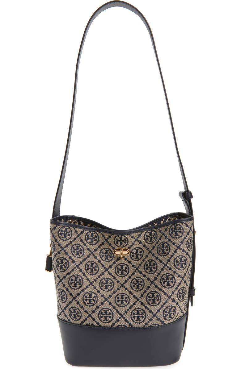 Tory Burch Medium Lock T Monogram Bucket Bag, Main, color, Tory Navy
