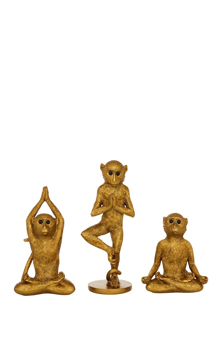 WILLOW ROW Goldtone Polystone Eclectic Monkey Sculpture - Set of 3, Main, color, Gold