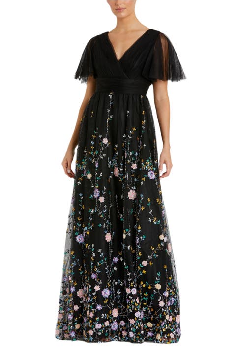 Mac duggal カラーフローラルレースVネックボリューム袖ドレス黒 Mac duggal カラーフローラルレースVネックボリューム袖ドレス黒