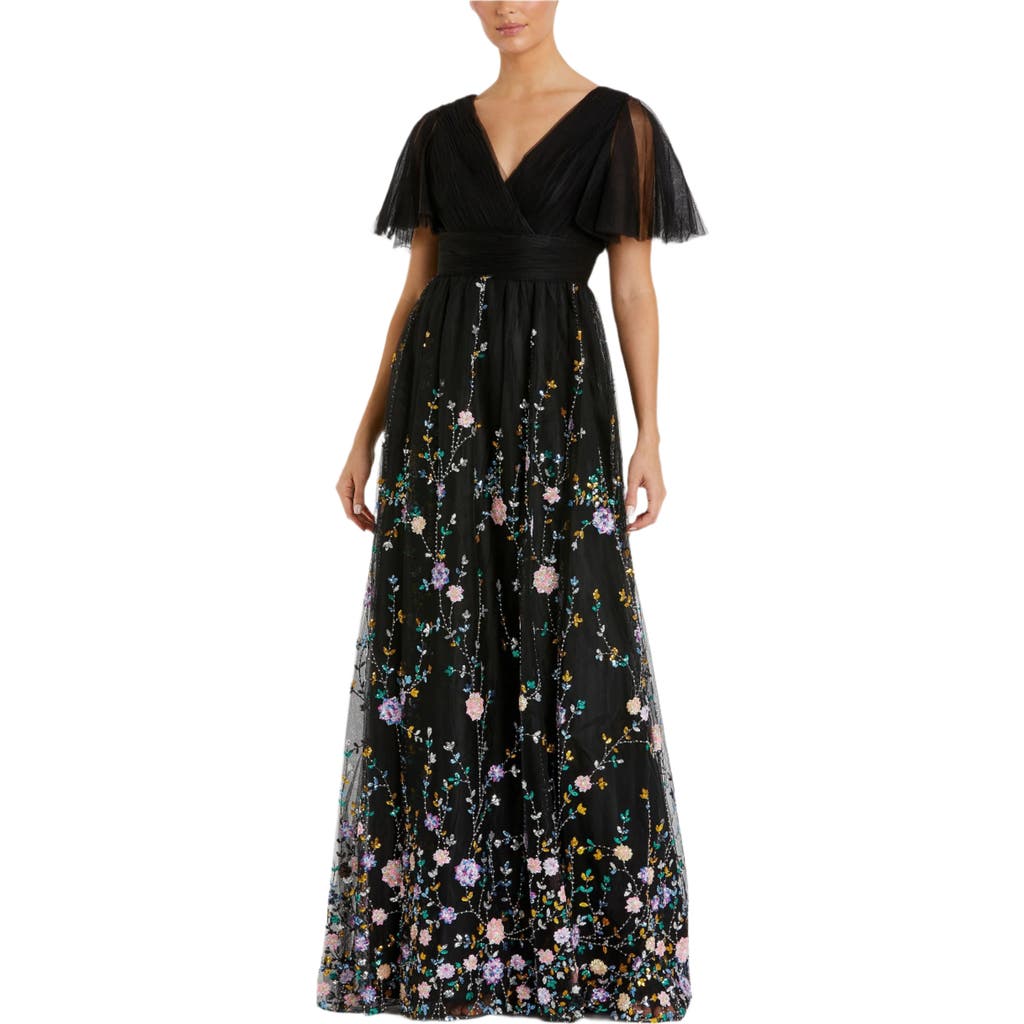 Mac Duggal Sequin Embroidery Tulle A-line Gown In Black Multi