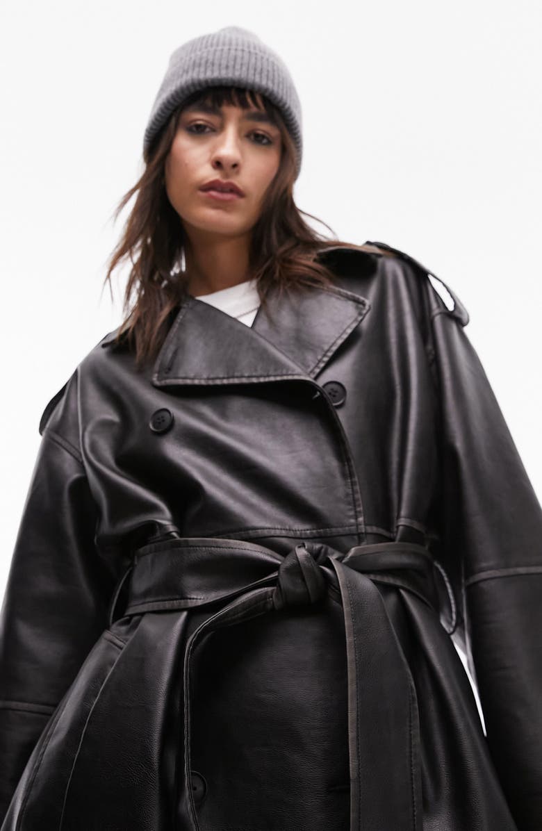 Topshop Faux Leather Trench Coat, Alternate, color, 