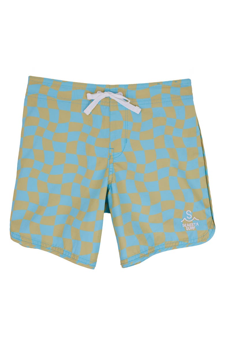 SEAESTA SURF Kids' Wavy Checks Avocado Board Shorts, Main, color, Avocado