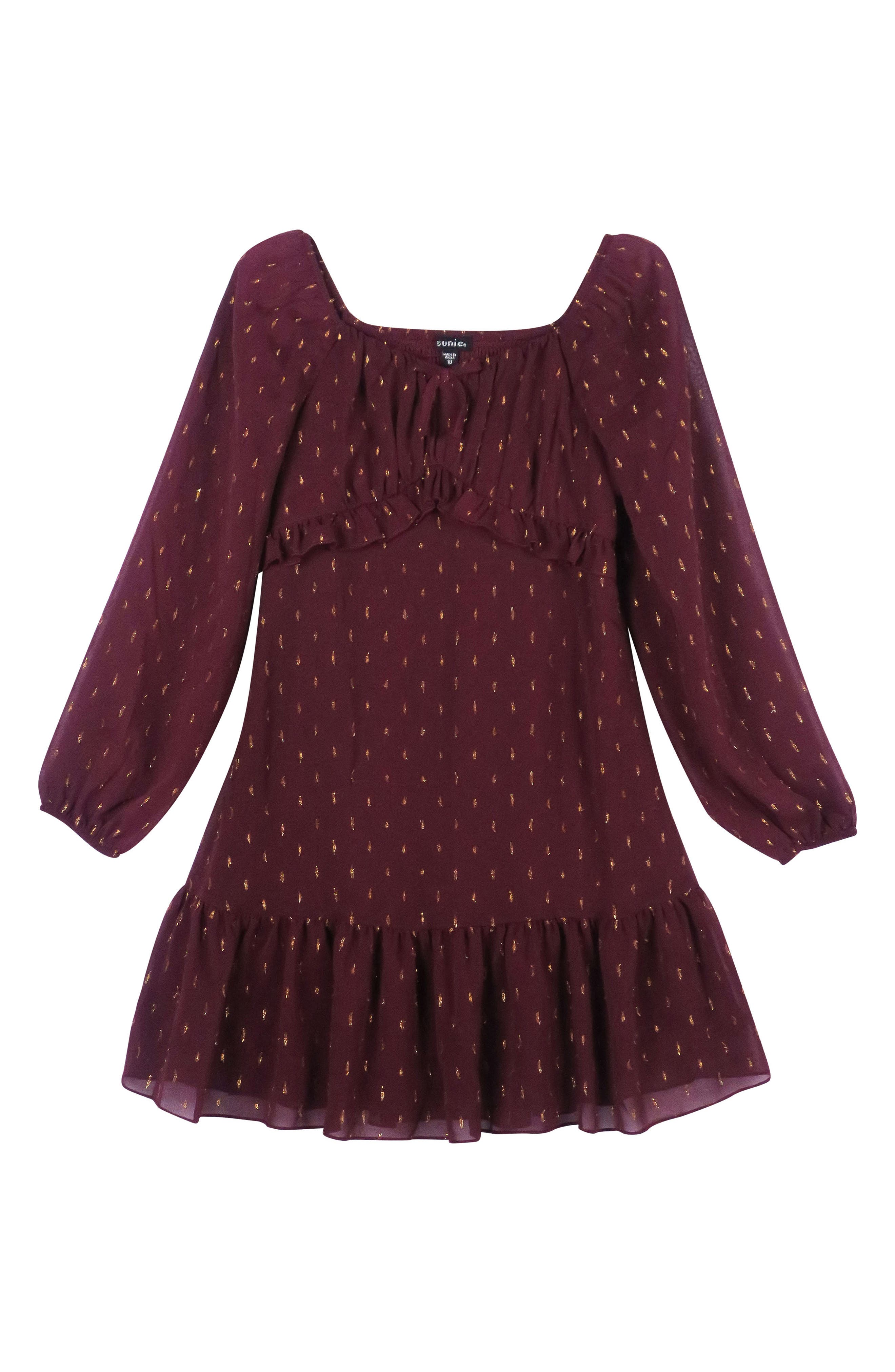 Zunie Kids' Emma Long Sleeve Metallic Clip Dot Dress in Burgundy/Gold 