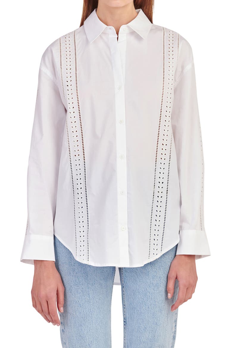 Eyelet Detail Cotton Button-Up Shirt, Alternate, color, WHITE