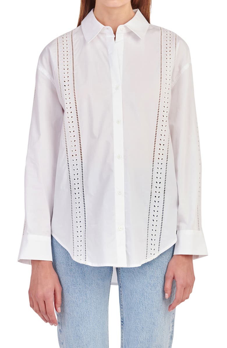 English Factory Eyelet Detail Cotton Button-Up Shirt, Alternate, color, White