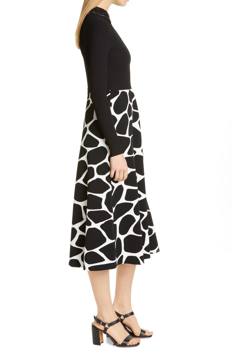 Valentino Contrast Bodice Giraffe Print Long Sleeve Midi Dress, Alternate, color, 