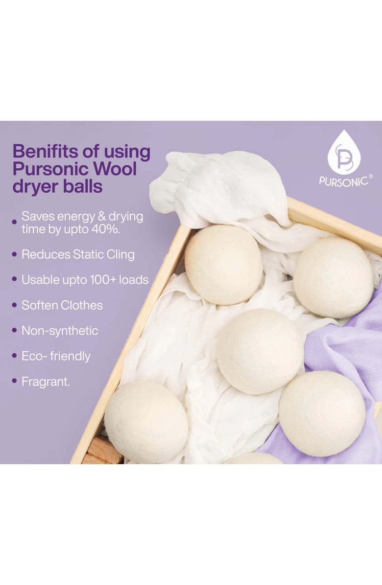 PURSONIC Wool Dryer Balls Bundle - 3-Pack of Reusable Laundry Balls Made from Pure New Zealand Wool + Lavender & Peppermint Essential Oils, Alternate, color, 