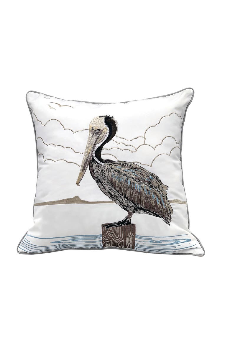 Sunbathing-Brown Pelican Embroidered Indoor/Outdoor Accent Throw Pillow, Main, color, Gray