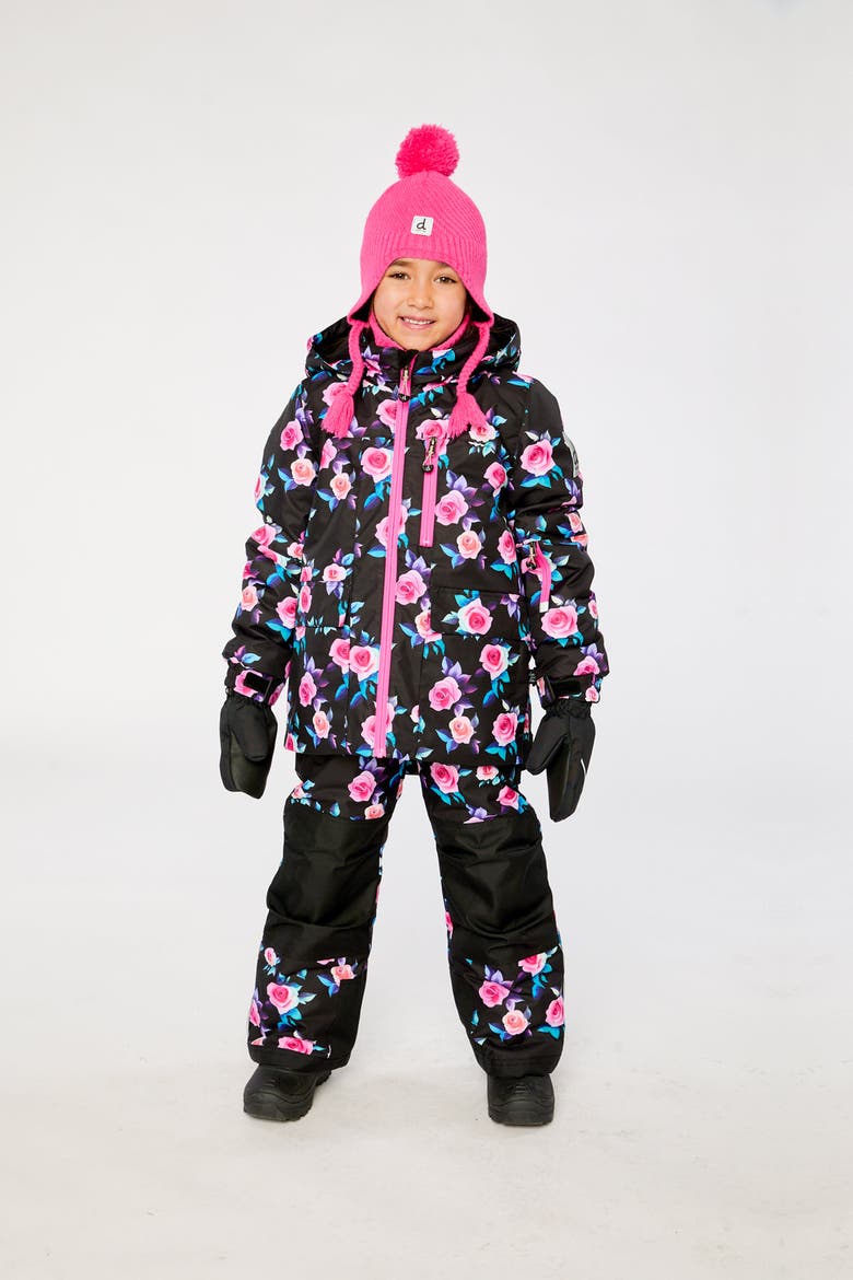 Floral Jacket & Foot Strap Pants Two Piece Snowsuit, Alternate, color, Black Printed with Roses