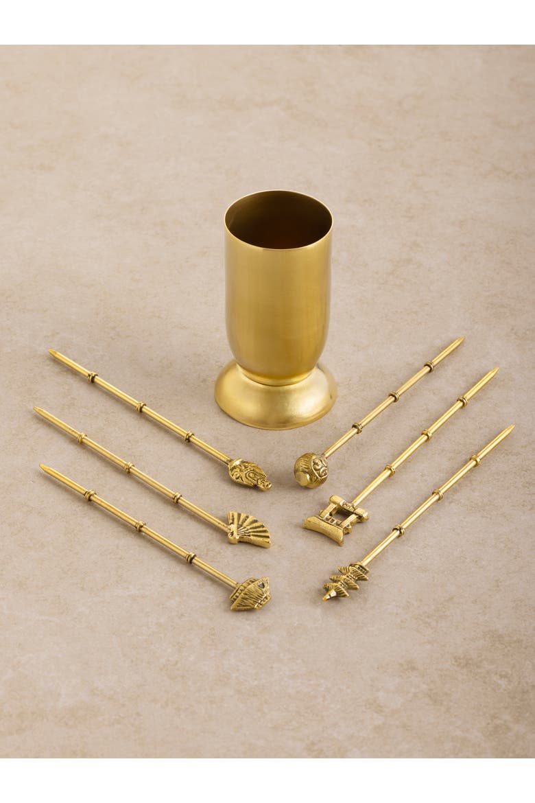 Magnolia Cocktail Picks, Set of 6, Main, color, Gold
