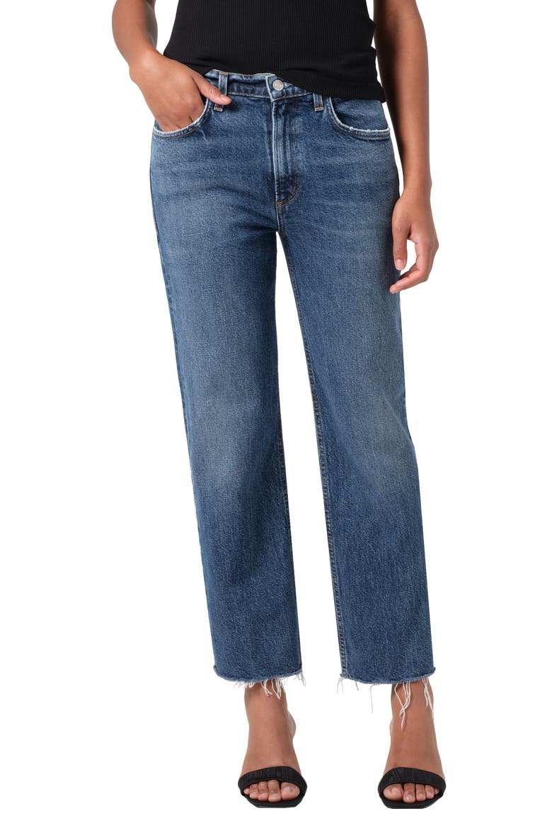 Valen Frayed Mid Rise Ankle Straight Leg Jeans, Main, color, SOLACE