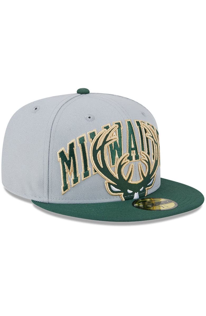 New Era Men's New Era Gray/Hunter Green Milwaukee Bucks Tip-Off Two-Tone 59FIFTY Fitted Hat, Alternate, color, Gray