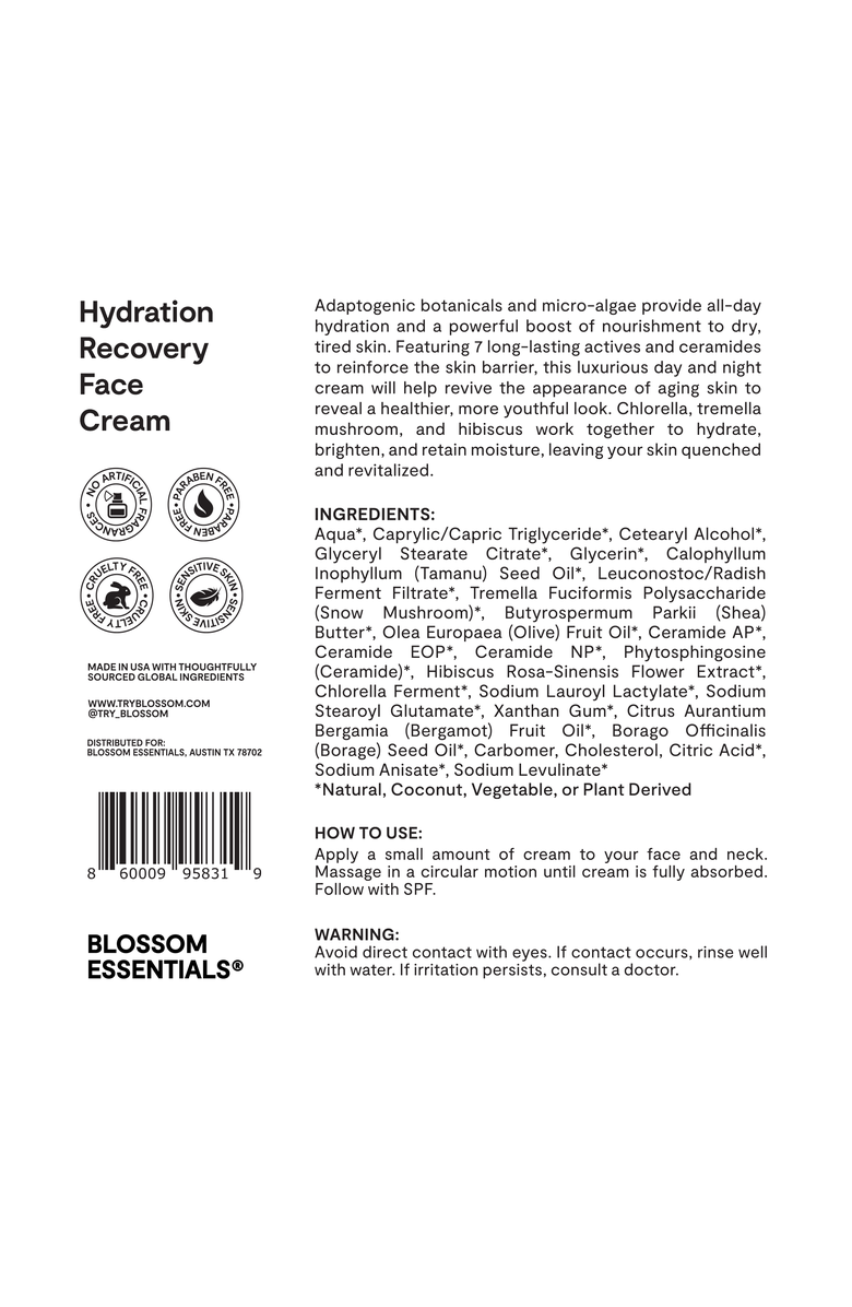 Blossom Essentials Hydration Recovery Face Cream, Alternate, color, NO COLOR