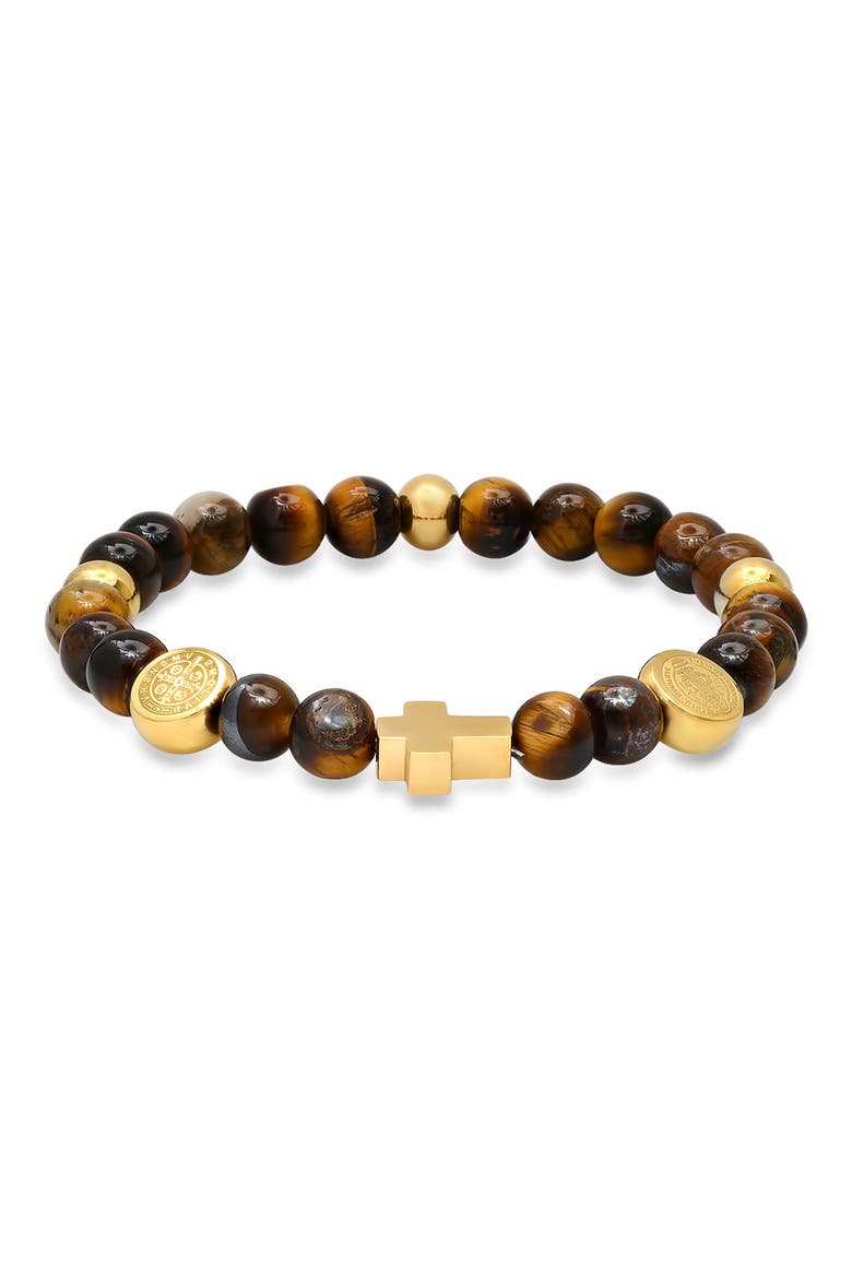 Men's Beaded Cross Stretch Bracelet, Main, color, BROWN/ GOLD