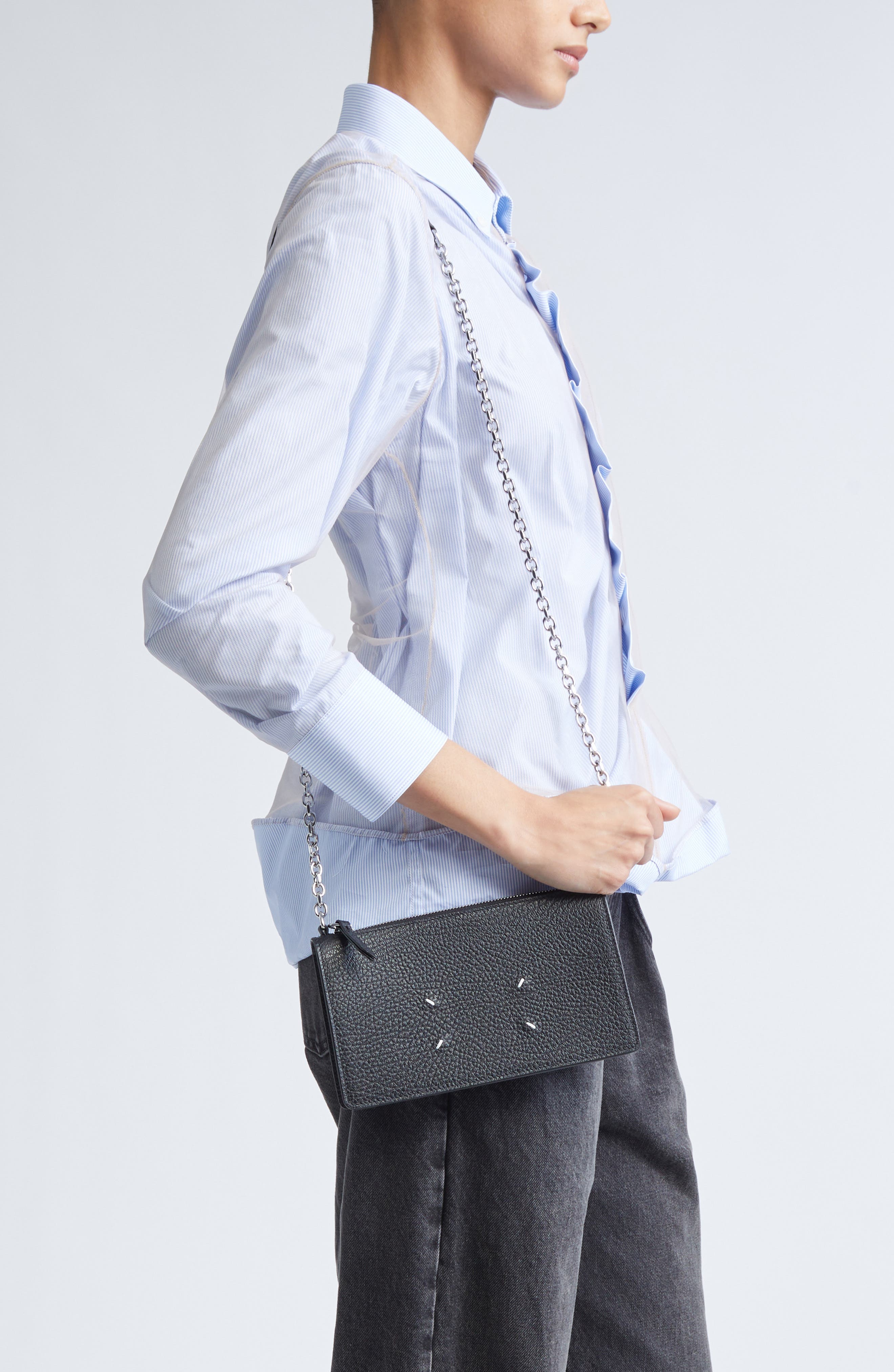 Grained Leather Wallet on a Chain, Alternate, color, BLACK
