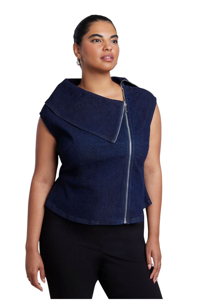 Asymmetric Zip Front Stretch Denim Top, Main, color, DARK WASH