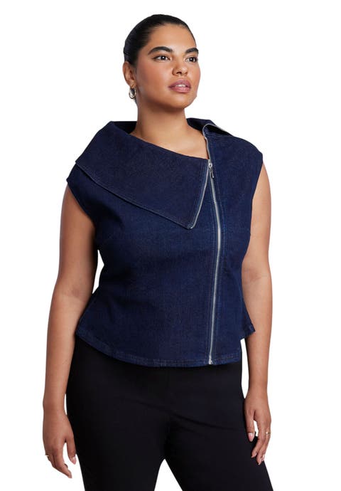 Asymmetric Zip Front Stretch Denim Top