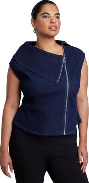 ELOQUII Asymmetric Zip Front Stretch Denim Top