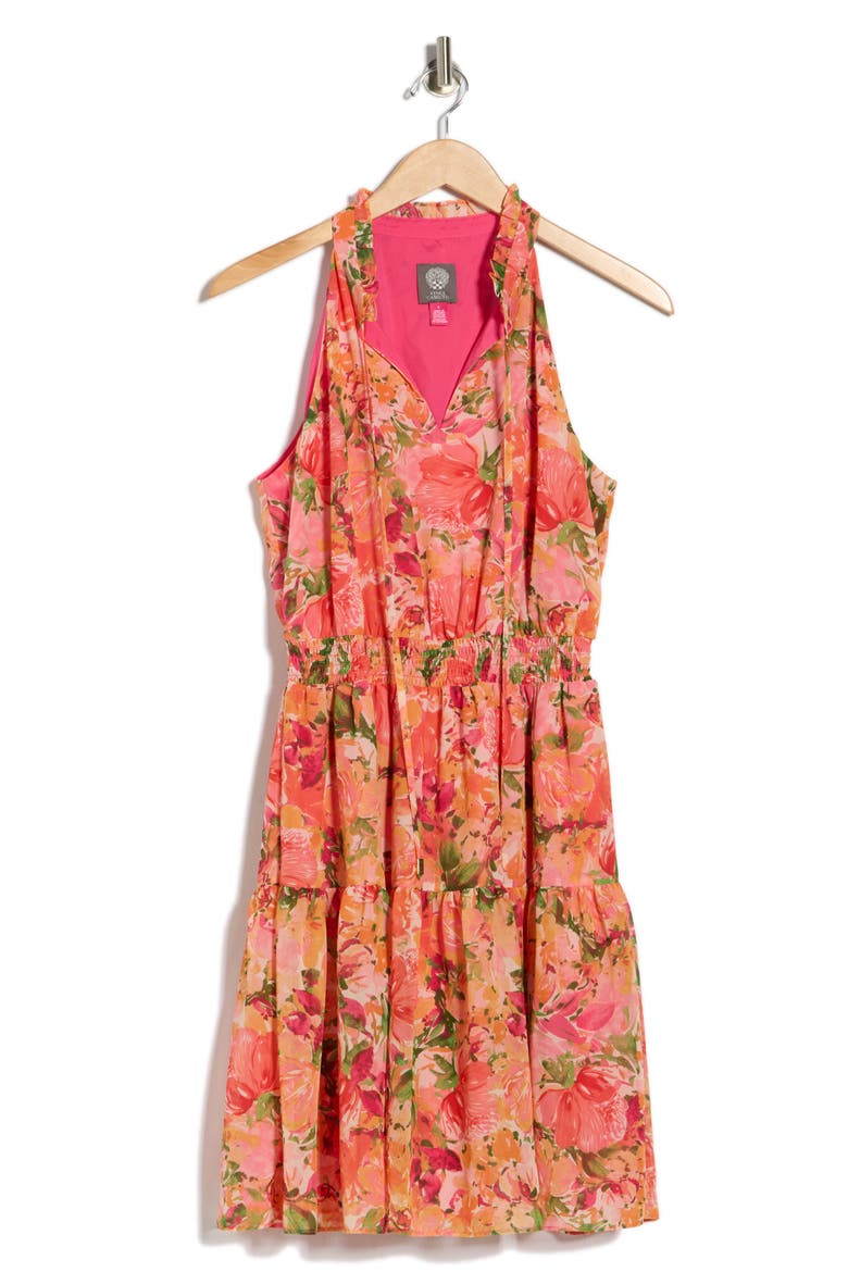 Chiffon Ruffle Neck Halter Dress, Alternate, color, PINK MULTI