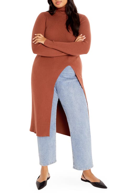 Split Longline Long Sleeve Sweater (Plus)