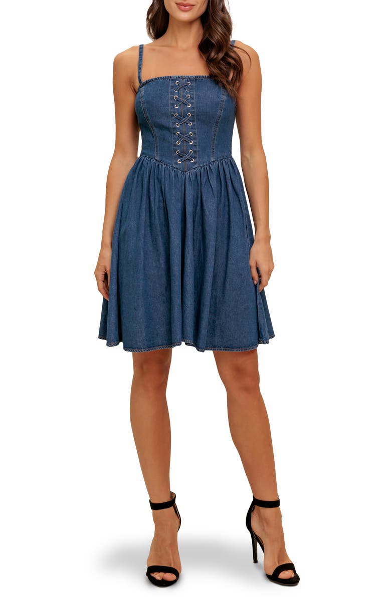 FLYING TOMATO Lace-Up Denim Minidress, Main, color, Medium Indigo