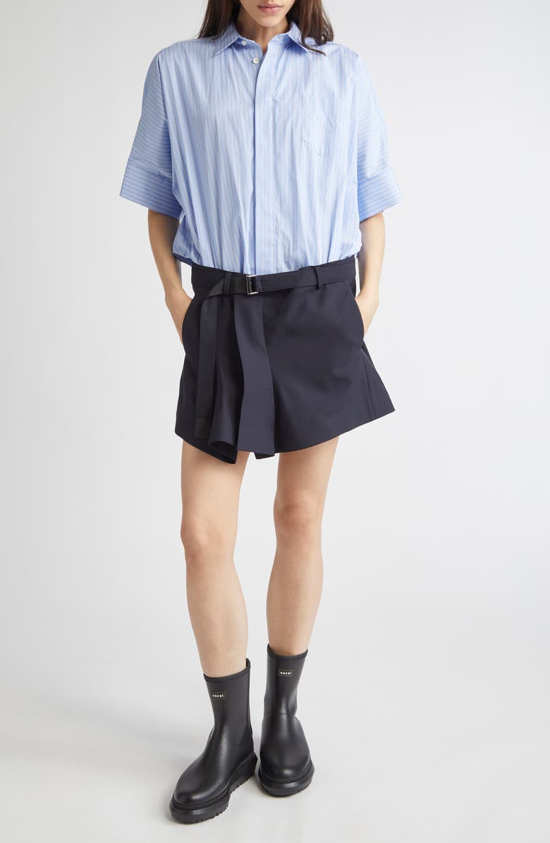 Sacai Mixed Media Poplin & Suiting Shirtdress, Main, color, Light Blue/ Stripe Navy