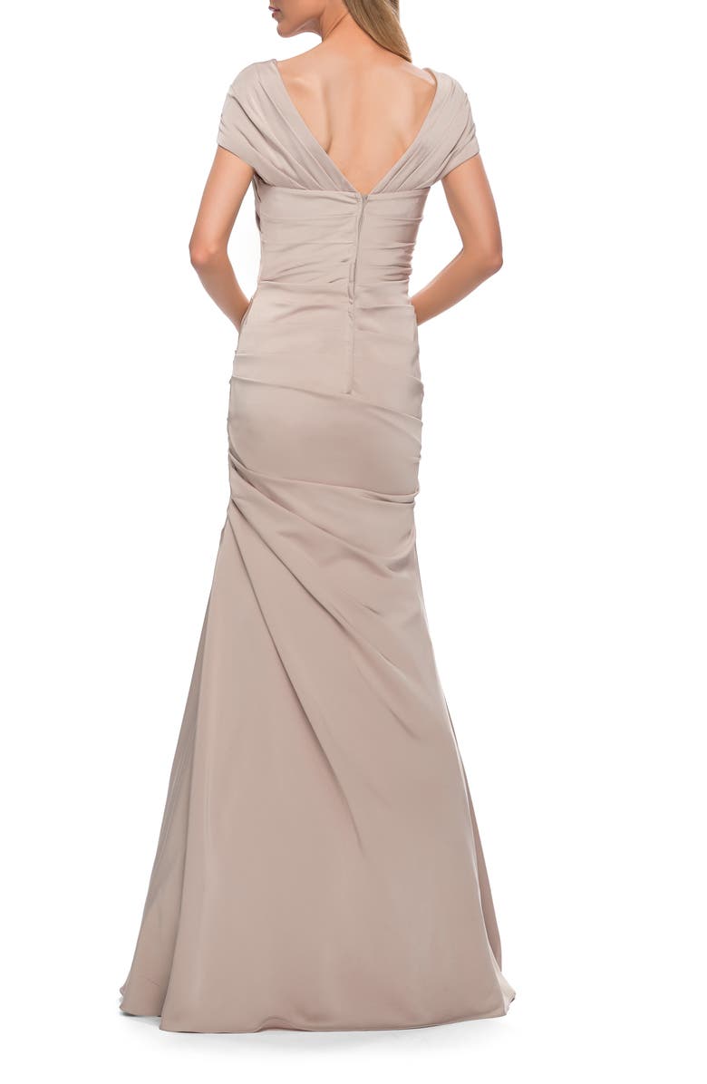 La Femme Lovely Ruched Mermaid Satin Gown with Unique Neckline, Alternate, color, Nude