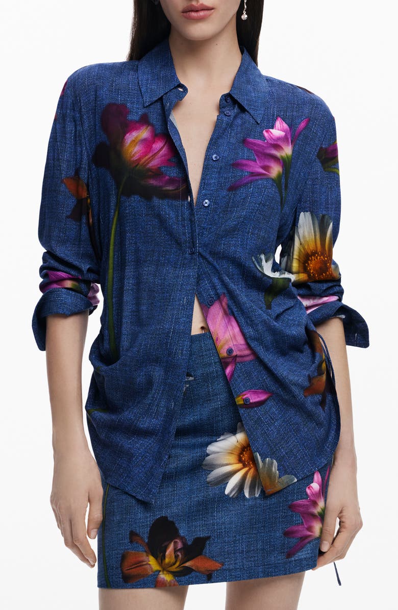 Desigual Floral Ruched Side Denim Button-Up Shirt, Main, color, Bright Blue