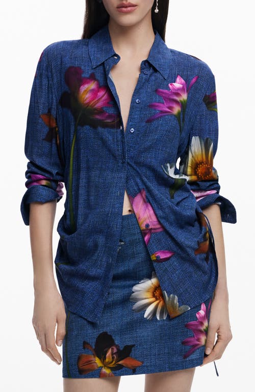 Desigual Floral Ruched Side Denim Button-up Shirt In Blue