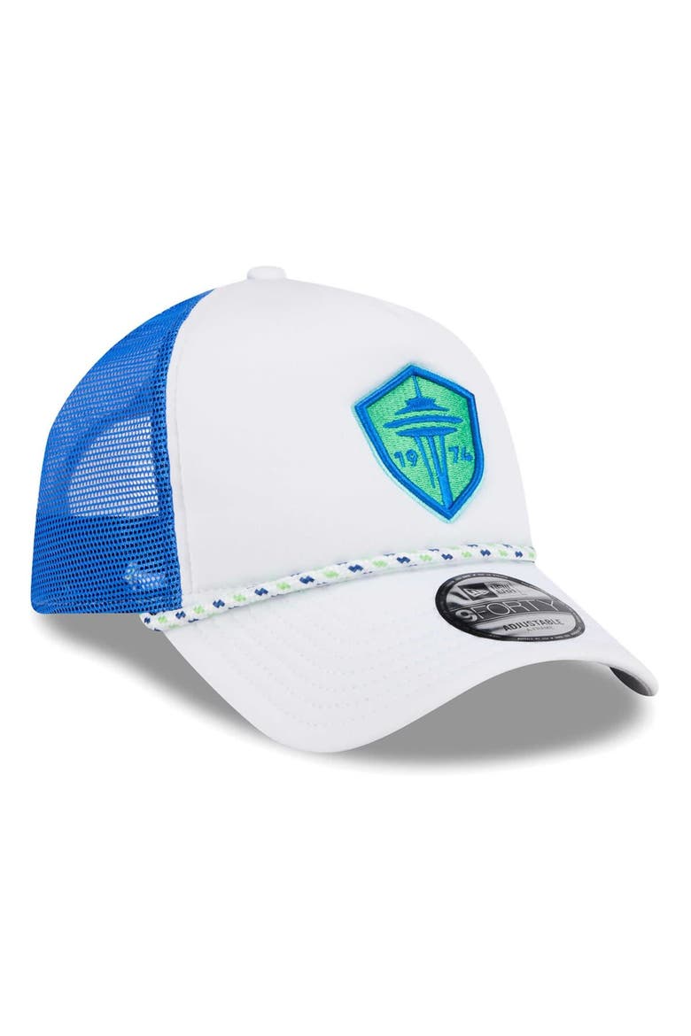 Men's New Era White/Blue Seattle Sounders FC Court Sport Foam A-Frame 9FORTY Adjustable Trucker Hat, Alternate, color, White