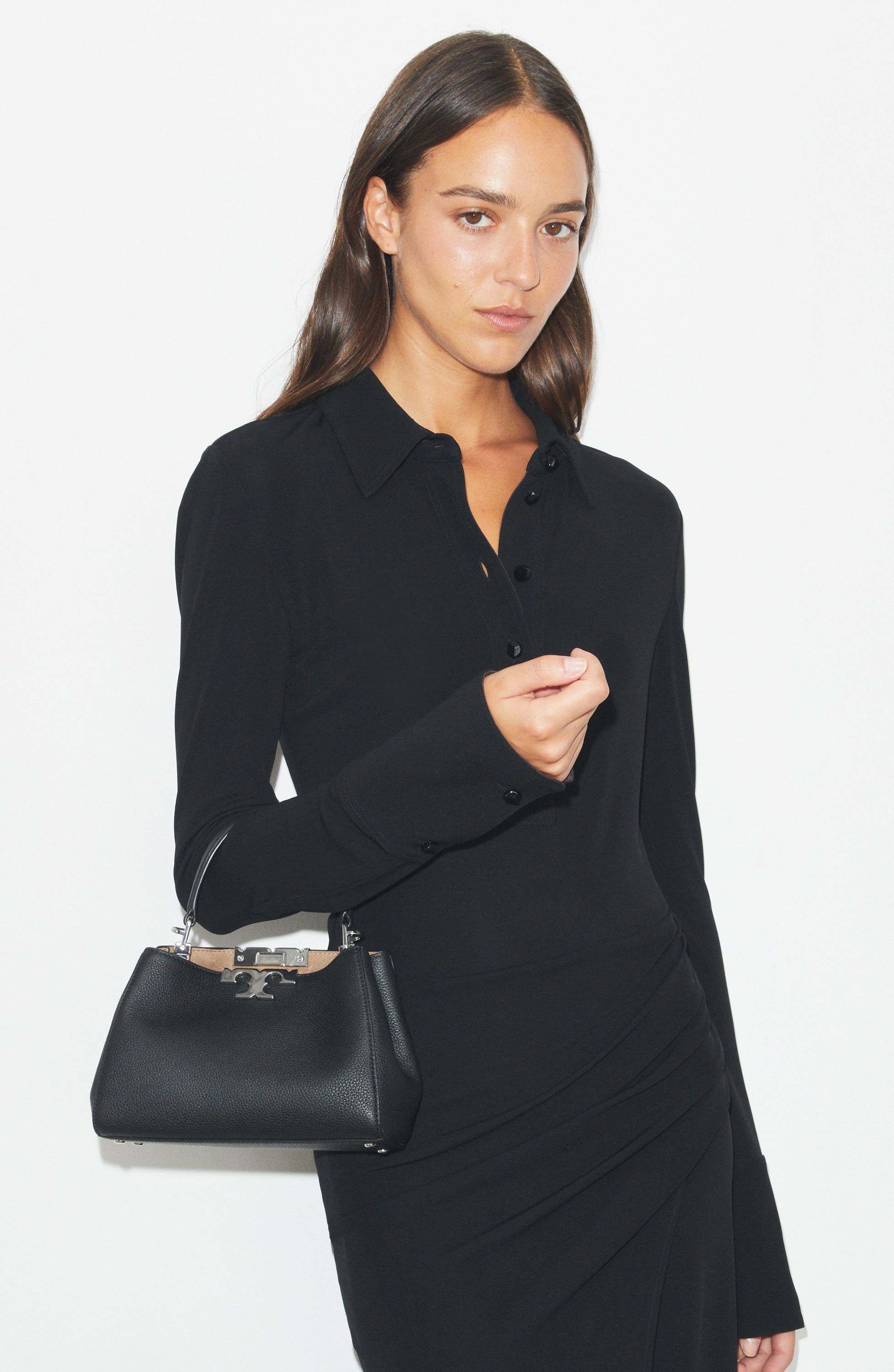 Tory Burch Mini Eleanor Soft Leather Satchel, Alternate, color, Black