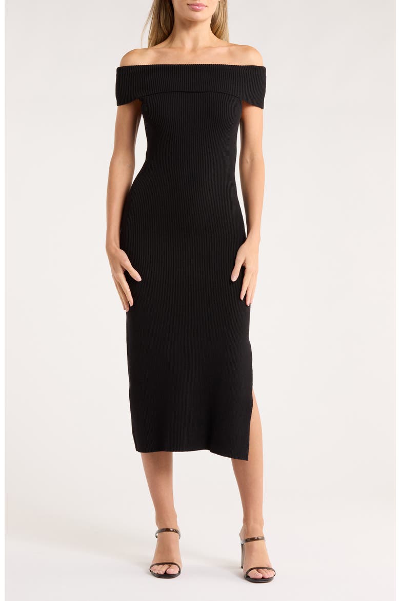 Anaya Off the Shoulder Short Sleeve Ribbed Midi Dress, Main, color, BLACK