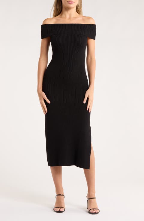 Anaya Off the Shoulder Short Sleeve Ribbed Midi Dress