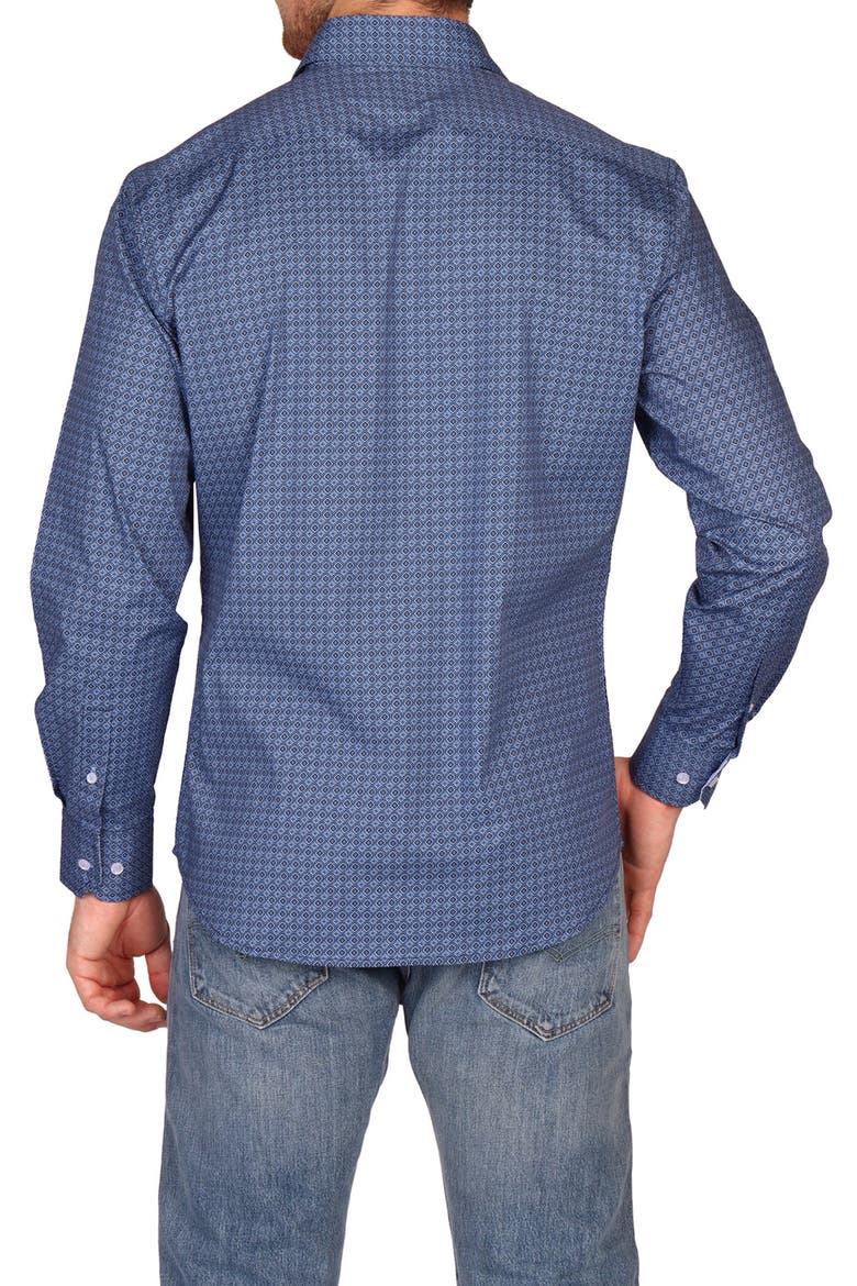Geo Print Performance Button Down Shirt, Alternate, color, BLUE