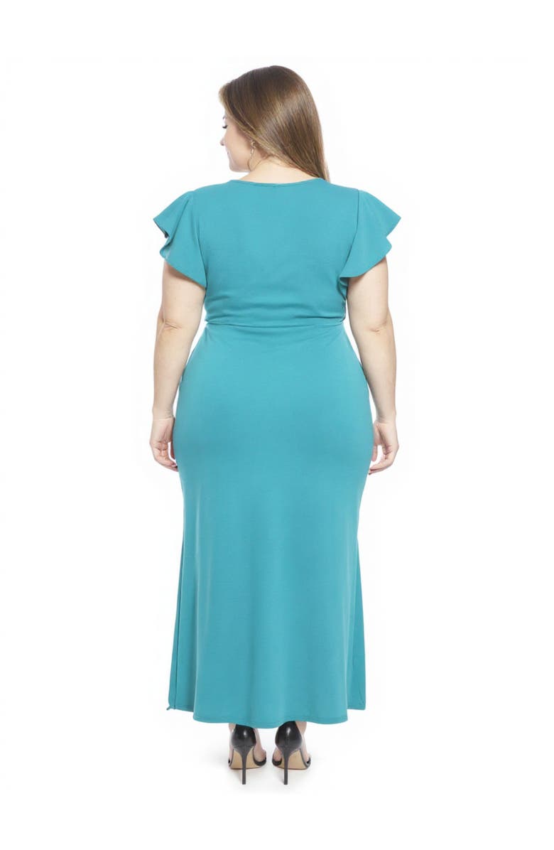 24seven Comfort Apparel Plus Size Solid V-Neck Tulip Hem Ruffle Sleeve Faux Wrap Maxi Dress, Alternate, color, Jade