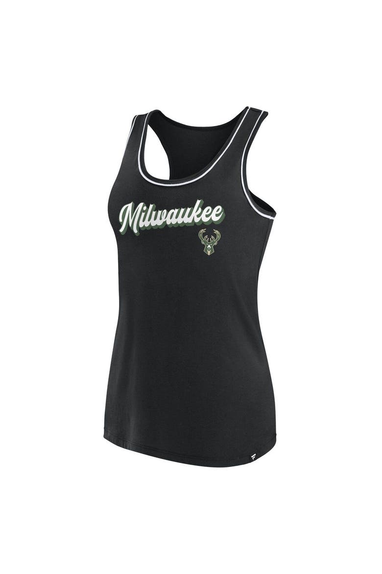 Women's Fanatics Branded Black Milwaukee Bucks Wordmark Logo Racerback Tank Top, Alternate, color, Black