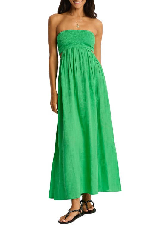 Sea Level Smocked Bodice Cotton Seersucker Cover-up Dress In Green
