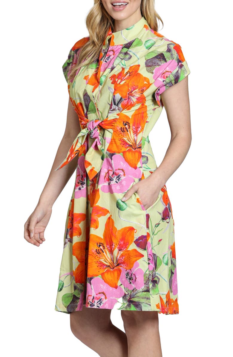 APNY Floral Print Belted A-Line Dress, Alternate, color, Bright Green Multi