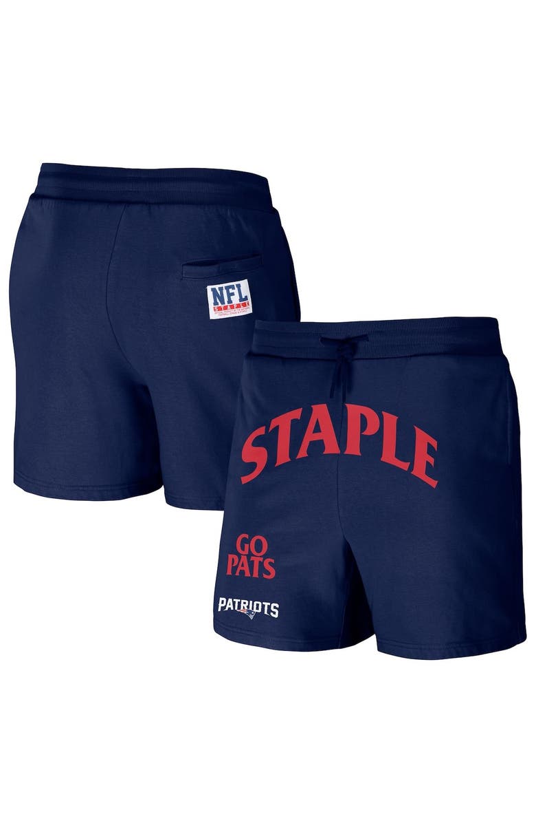 STAPLE Men's NFL x Staple Navy New England Patriots Throwback Vintage Wash Fleece Shorts, Main, color,
