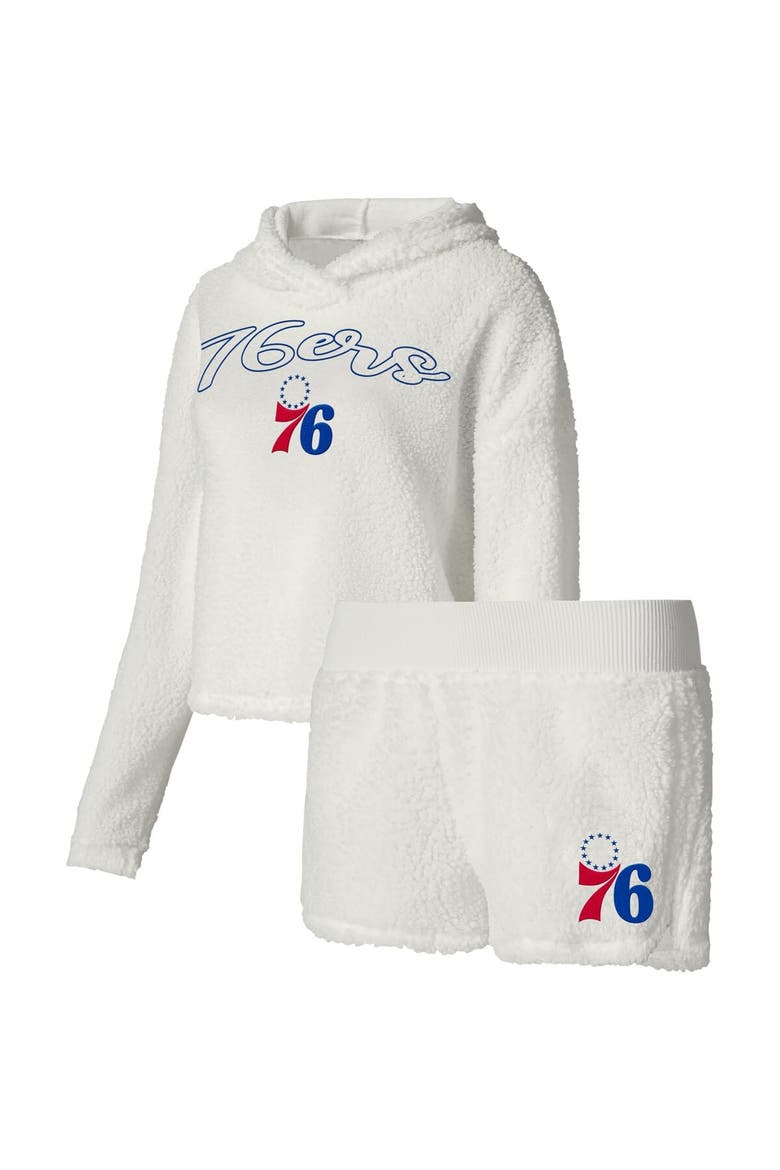 Women's College Concepts Cream Philadelphia 76ers Fluffy Long Sleeve Hoodie T-Shirt & Shorts Sleep Set, Main, color, White