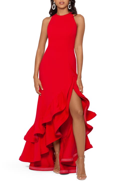 Ruffle Halter Crepe Gown (Regular & Petite)
