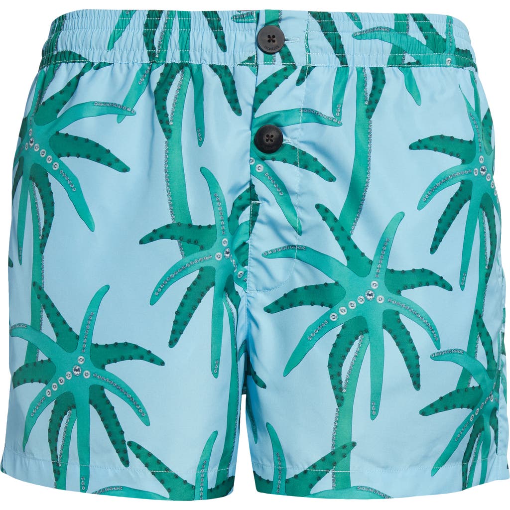Jacquemus Le Maillot Puntini Light Blue Swimsuit With Elastic Waist And All-over Print In Tech Fabric Man In Print Palmtrees Star Blue