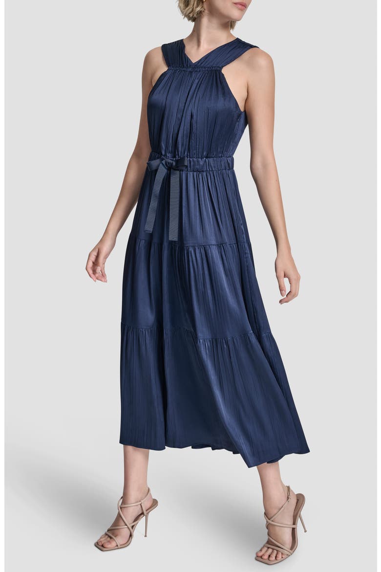 Pleated Tie Waist Satin Midi Dress, Alternate, color, HUDSON BLUE