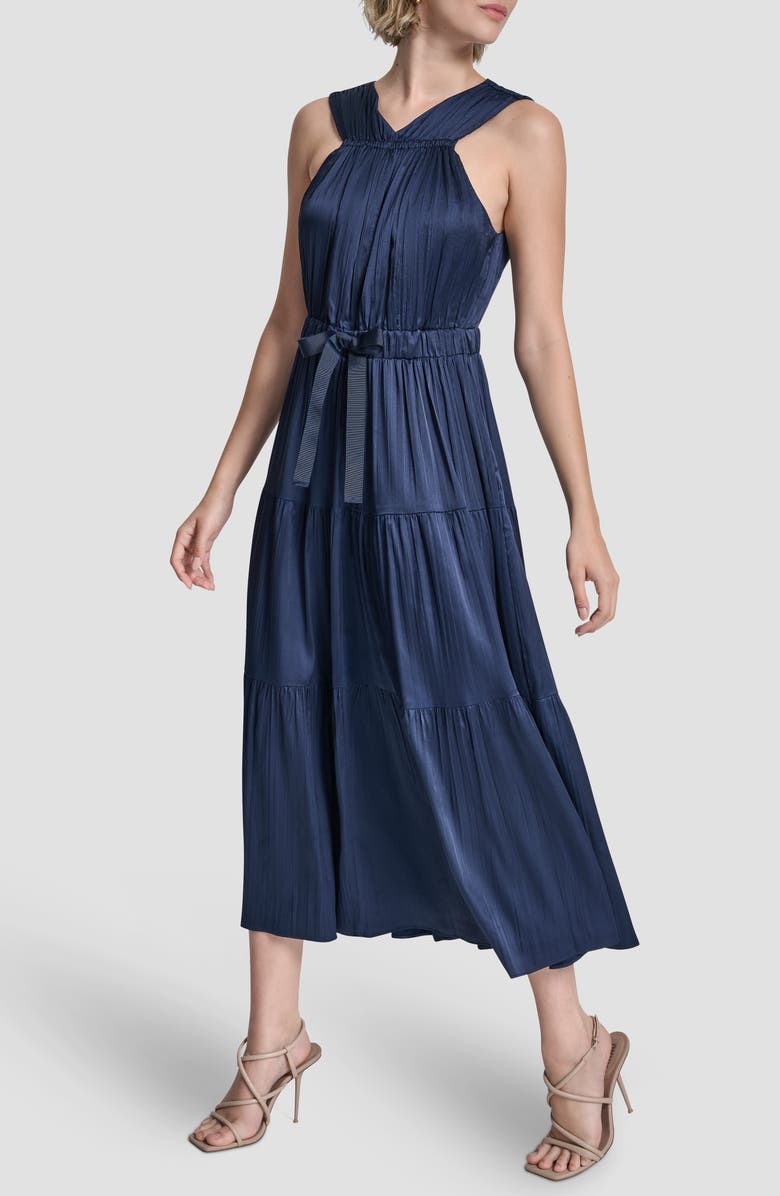 DKNY Pleated Tie Waist Satin Midi Dress, Alternate, color, Hudson Blue
