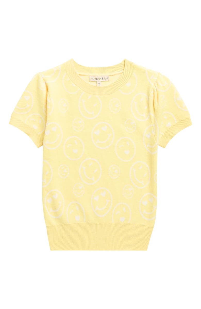 MARGAUX AND LEXI Kids' Smiley Jacquard Short Sleeve Sweater, Main, color, Yellow Combo