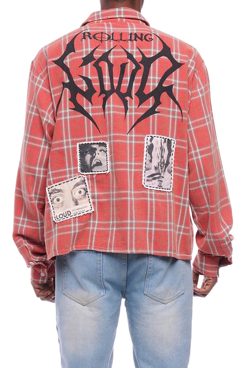 Rolling Loud Anarchy Plaid Cotton Flannel Button-Up Shirt Jacket, Alternate, color, Red
