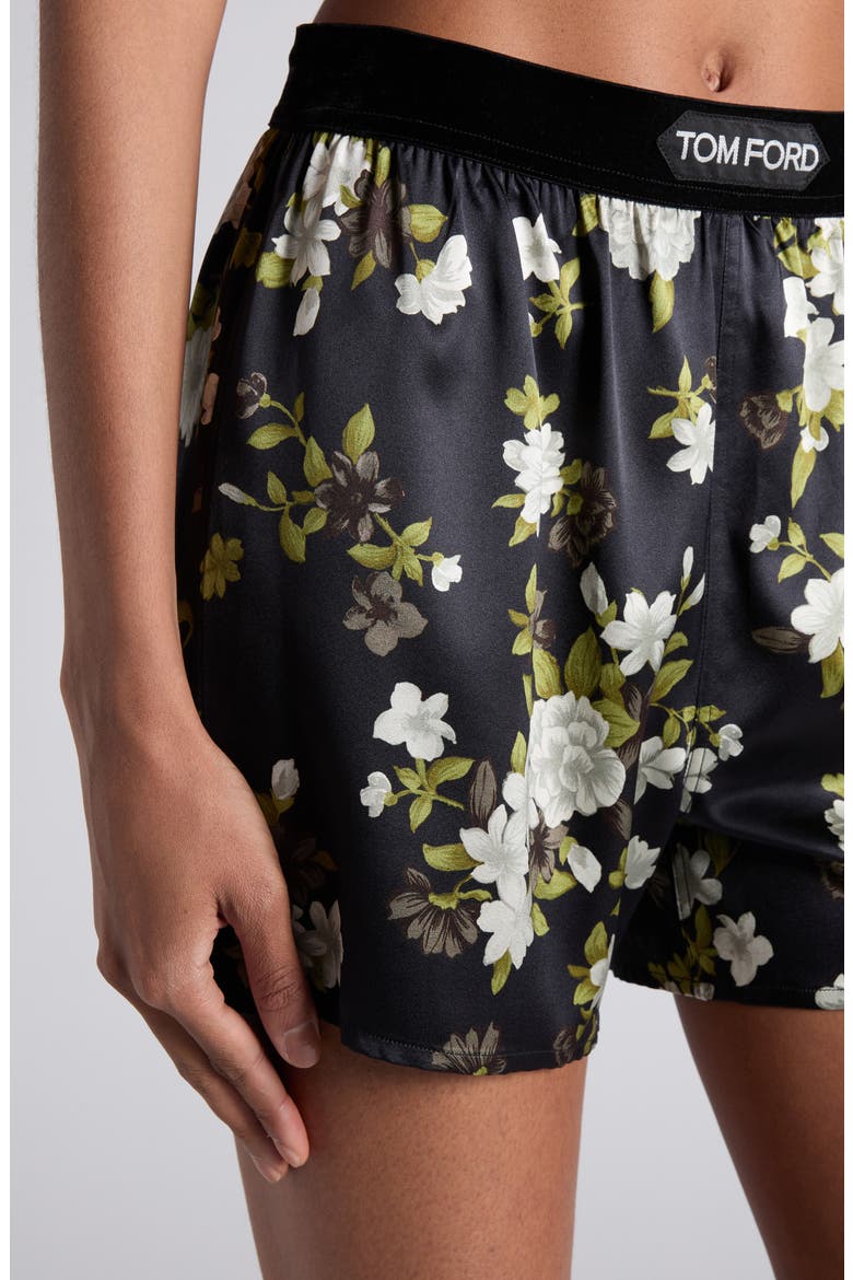 Hendrix Floral Stretch Silk Satin Pajama Shorts, Alternate, color, OFF WHITE BLACK