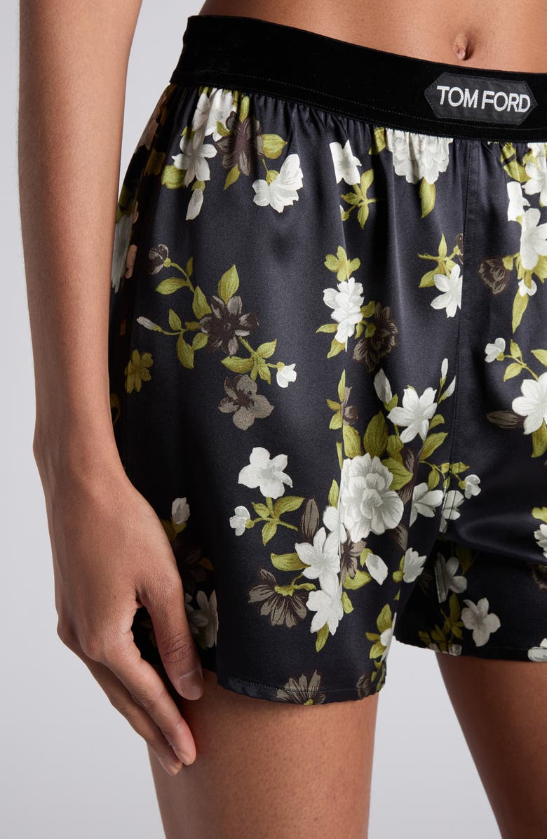 TOM FORD Hendrix Floral Stretch Silk Satin Pajama Shorts, Alternate, color, Off White Black