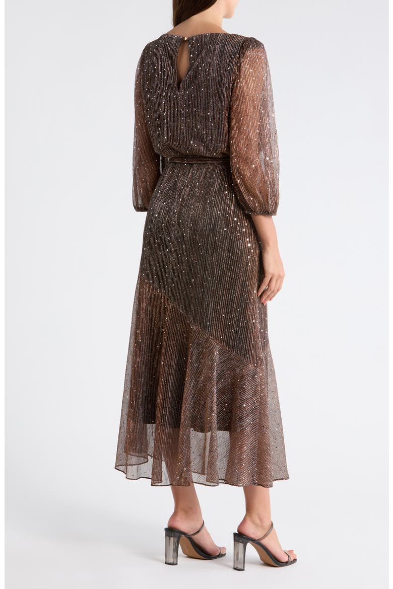 Balloon Sleeve Metallic Plissé Midi Dress, Alternate, color, COPPER