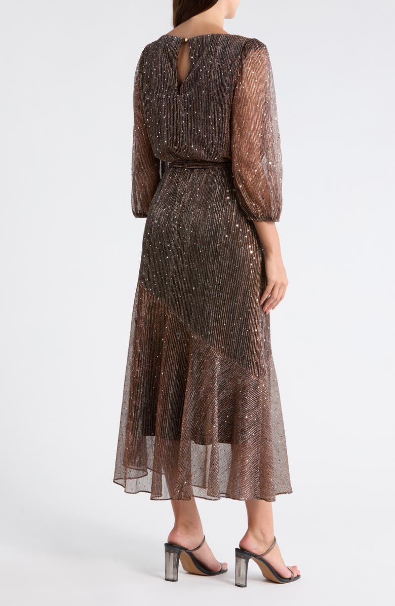 Julia Jordan Balloon Sleeve Metallic Plissé Midi Dress, Alternate, color, Copper